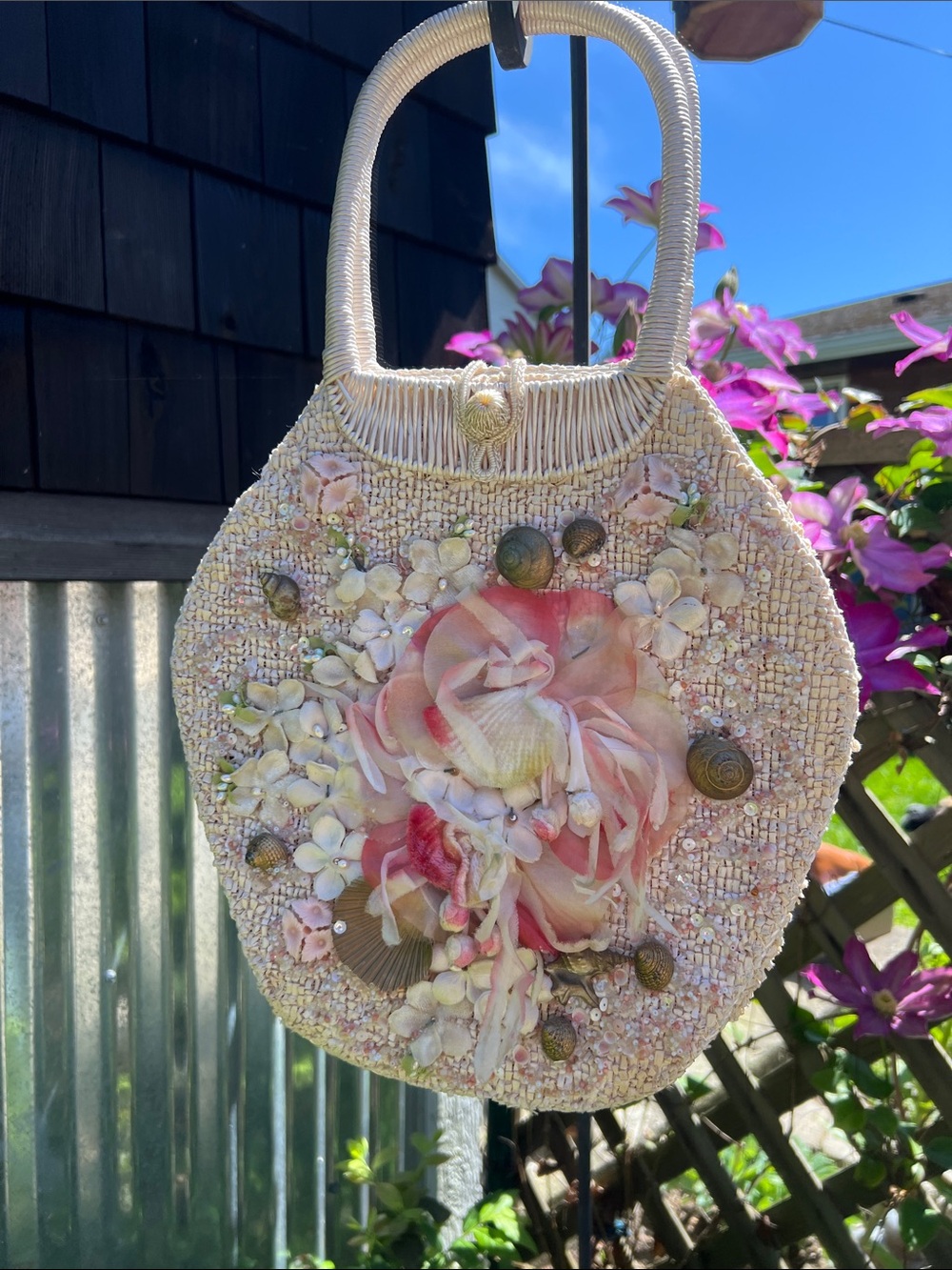 Source Unknown Cream Woven Tote with Pink Floral Embellishment